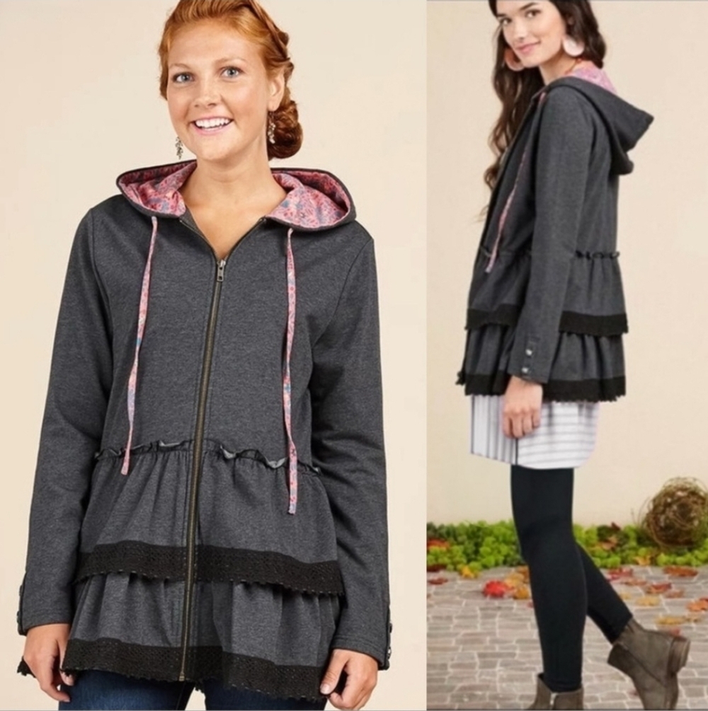 Matilda Jane Wise and Wonderful Hoodie Tiered Eyelet Ruffle Floral Trim Gray